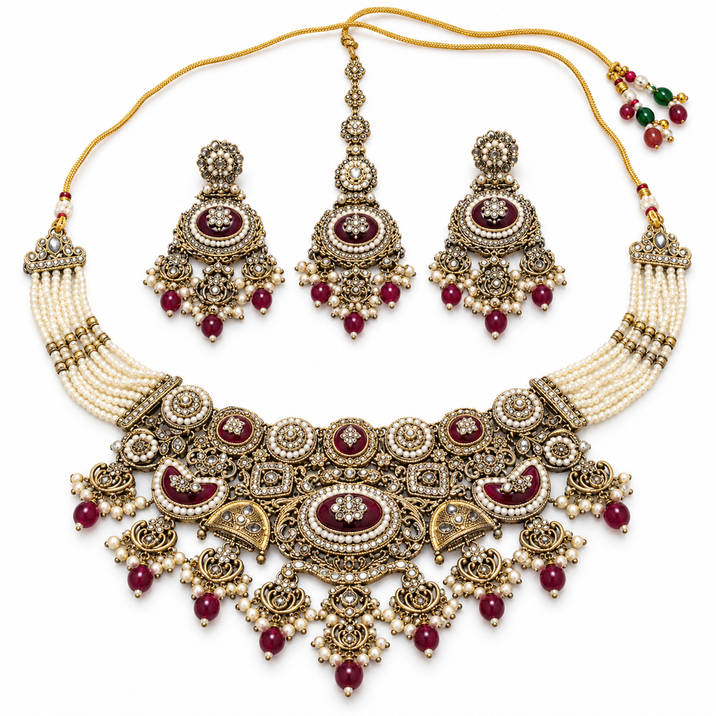 Raajeshwari | Handcrafted Maroon Necklace, Earrings & Maang Teeka Set | DEVIQ | JS-1025