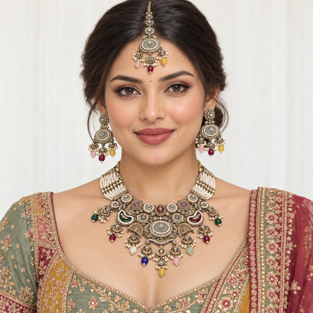 Rangraag | Handcrafted Multicolour Necklace, Earrings & Maang Teeka Set | DEVIQ | JS-1026