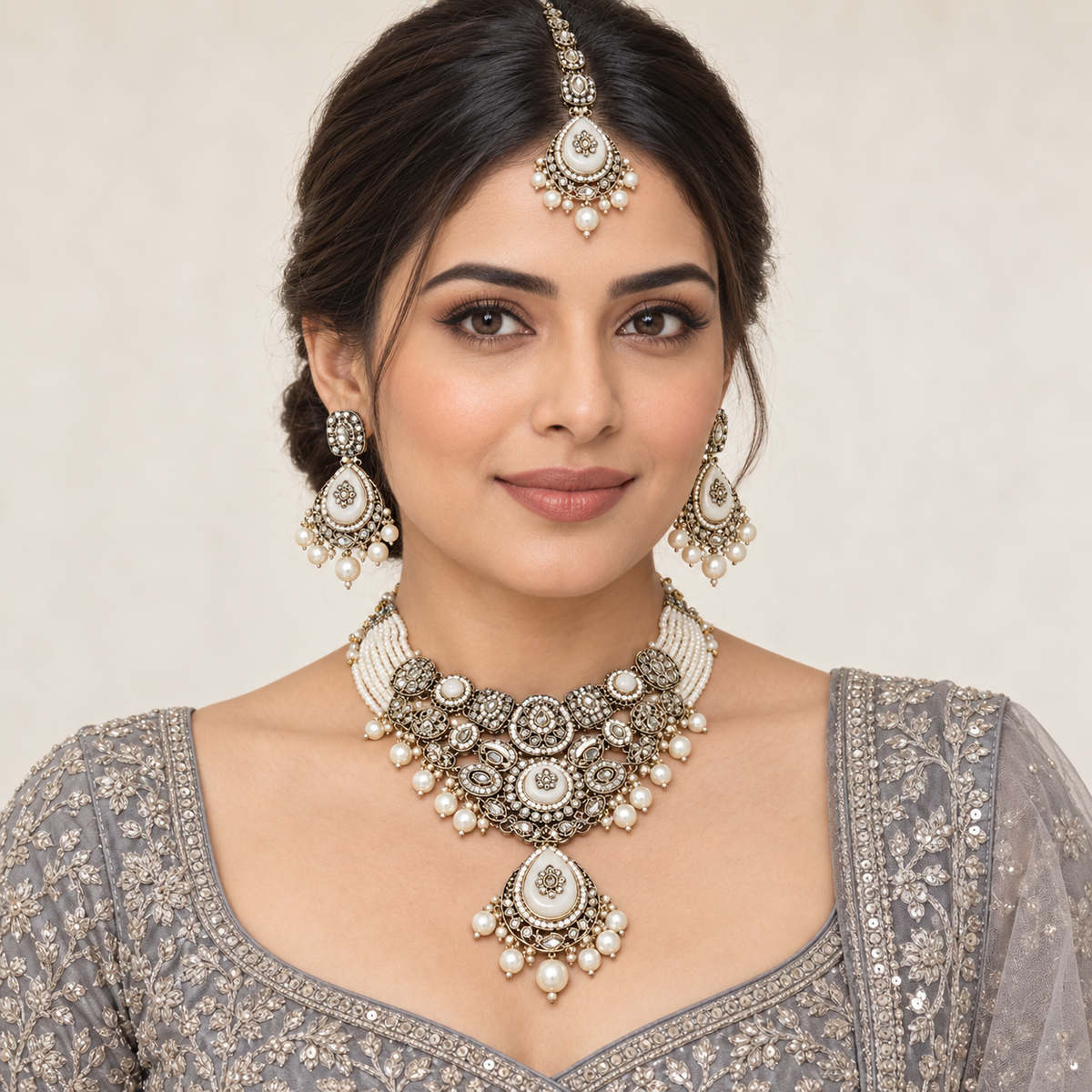 Chandralekha | Handcrafted Ivory Necklace, Earrings & Maang Teeka Set | DEVIQ | JS-1024