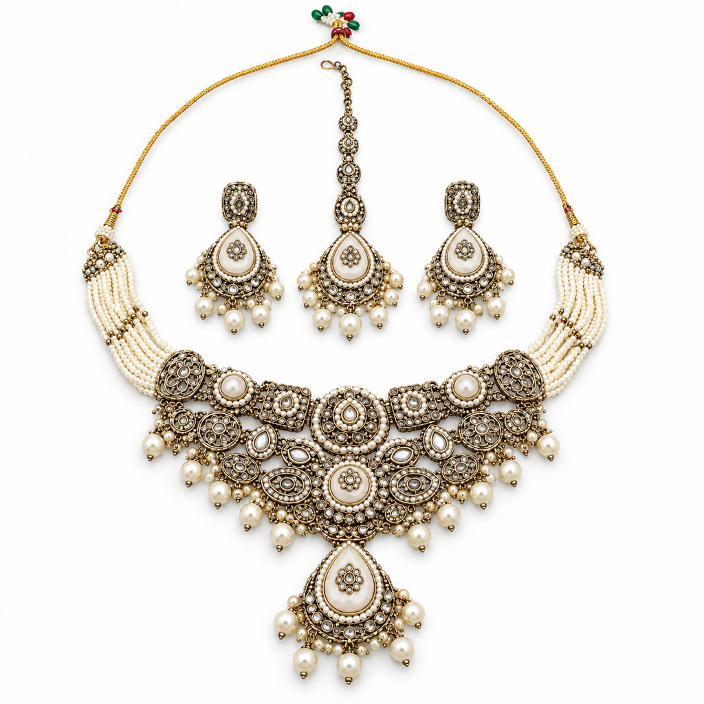 Chandralekha | Handcrafted Ivory Necklace, Earrings & Maang Teeka Set | DEVIQ | JS-1024