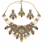 Rangraag | Handcrafted Multicolour Necklace, Earrings & Maang Teeka Set | DEVIQ | JS-1026