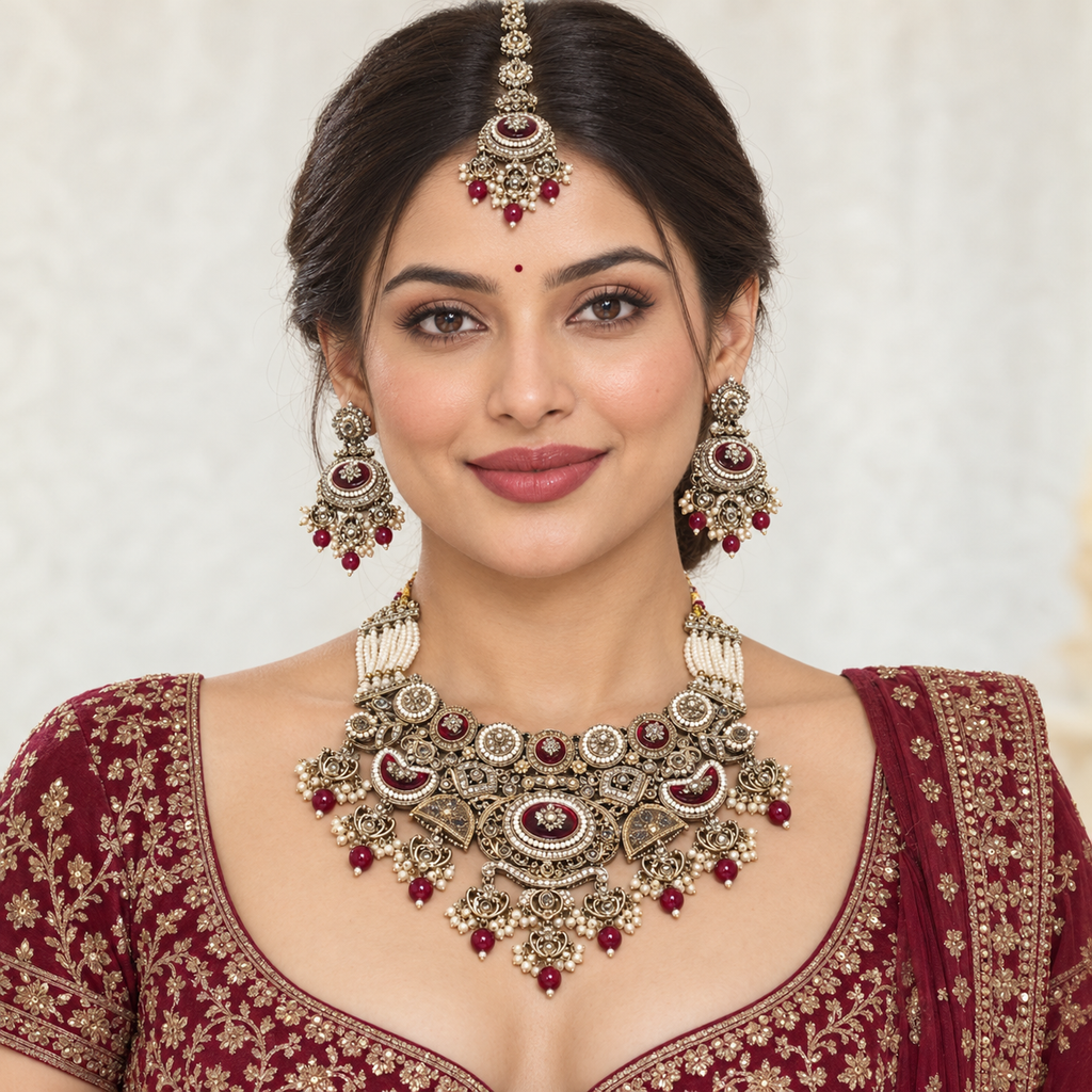 Raajeshwari | Handcrafted Maroon Necklace, Earrings & Maang Teeka Set | DEVIQ | JS-1025
