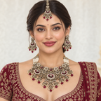Raajeshwari | Handcrafted Maroon Necklace, Earrings & Maang Teeka Set | DEVIQ | JS-1025