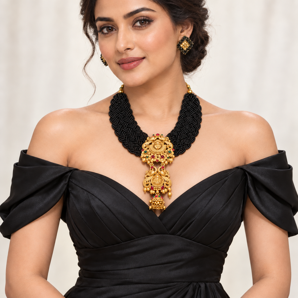 Shyamali | Handcrafted Black Beaded Long Necklace & Earrings Set | DEVIQ | JS-1029
