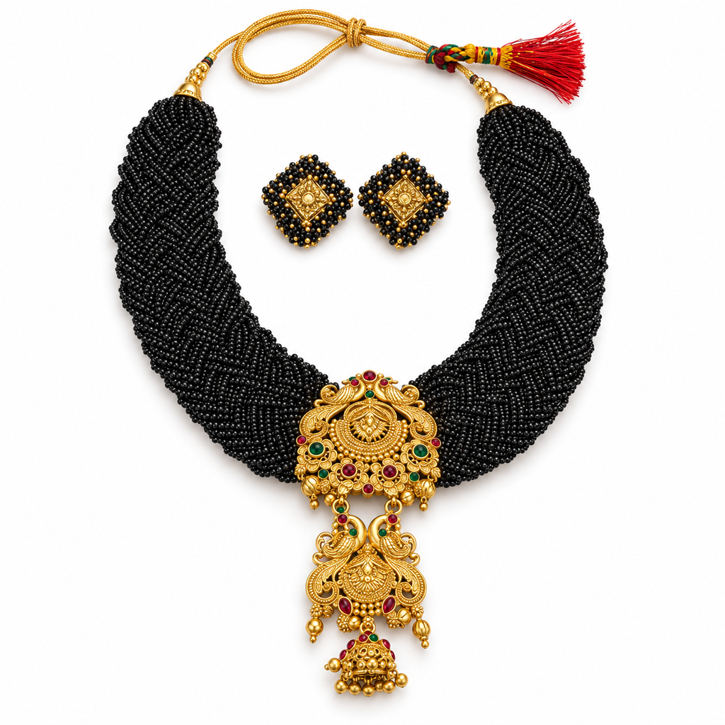 Shyamali | Handcrafted Black Beaded Long Necklace & Earrings Set | DEVIQ | JS-1029