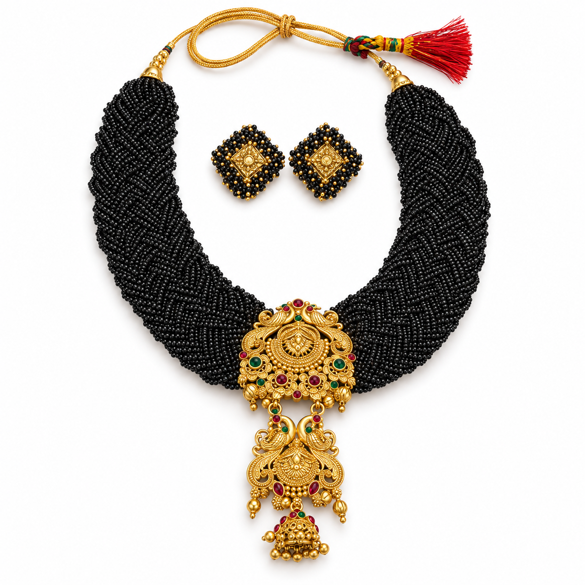 Shyamali | Handcrafted Black Beaded Long Necklace & Earrings Set | DEVIQ | JS-1029