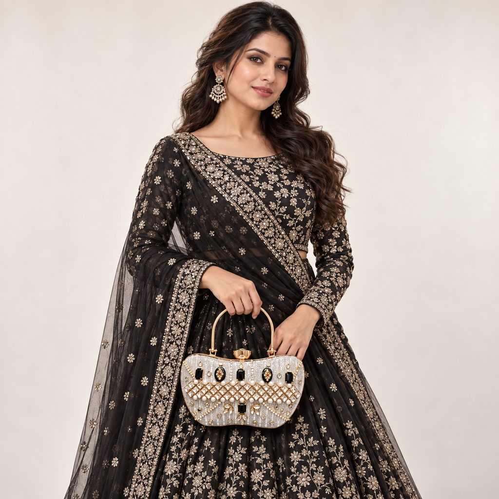 Chandni Noir Handbag | Hand-Embellished Mirror & Pearl-Style Top-Handle Bag | DEVIQ | HB-1003