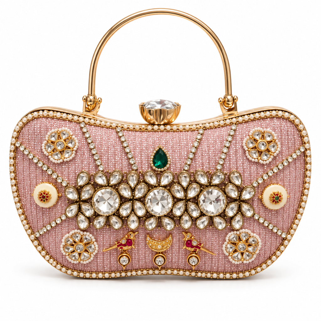 Gultrayi Handbag | Pink Triple-Floral Hand-Embellished Top-Handle Bag | DEVIQ | HB-1005