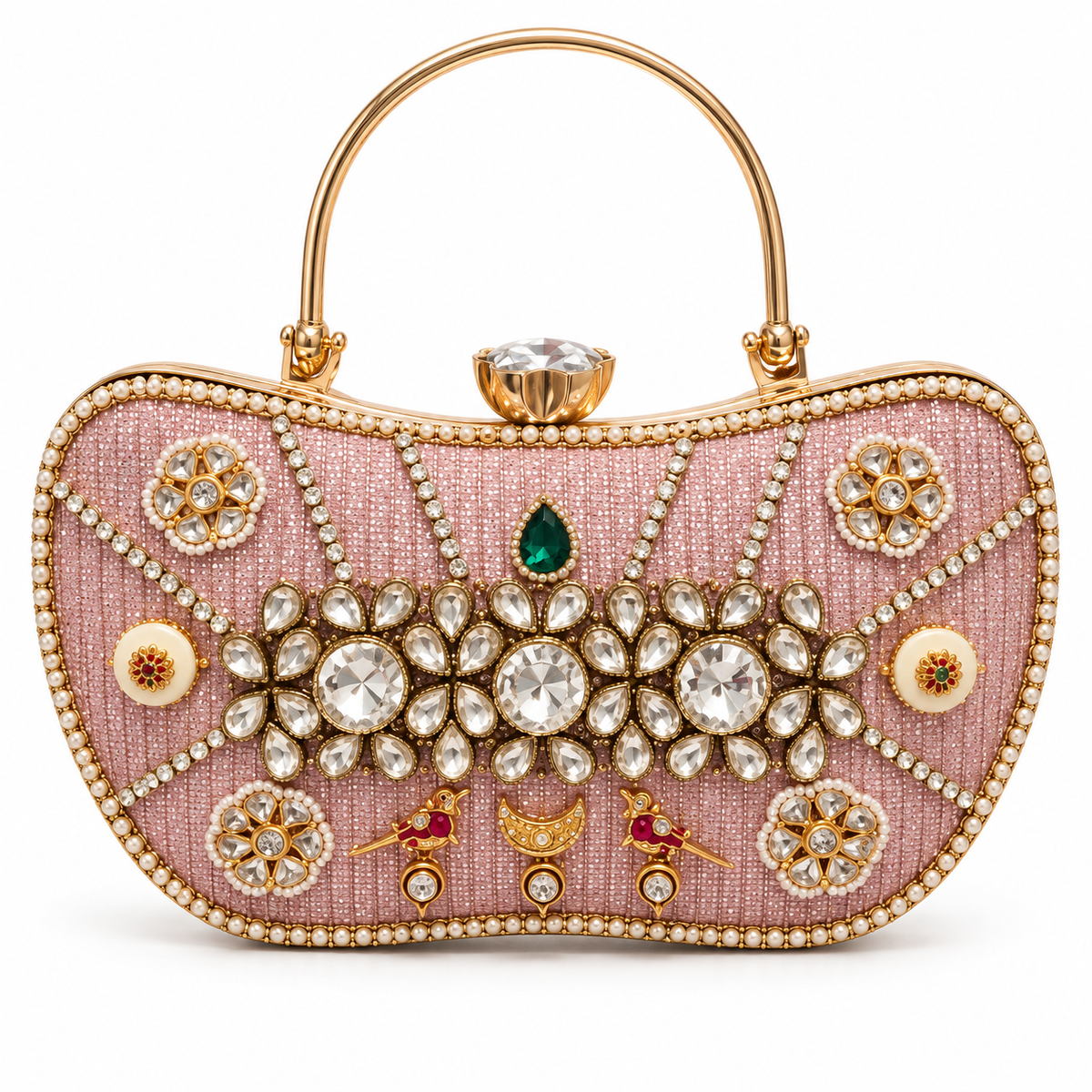 Gultrayi Handbag | Pink Triple-Floral Hand-Embellished Top-Handle Bag | DEVIQ | HB-1005