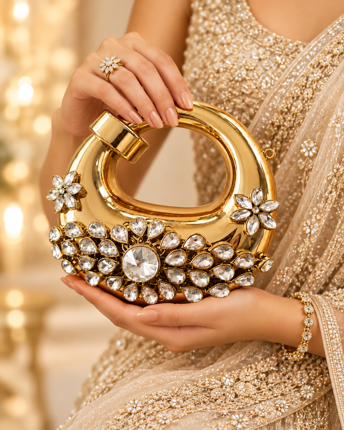 Swarna Pushp oval gold clutch with floral and clear crystal-style embellishments held by a model