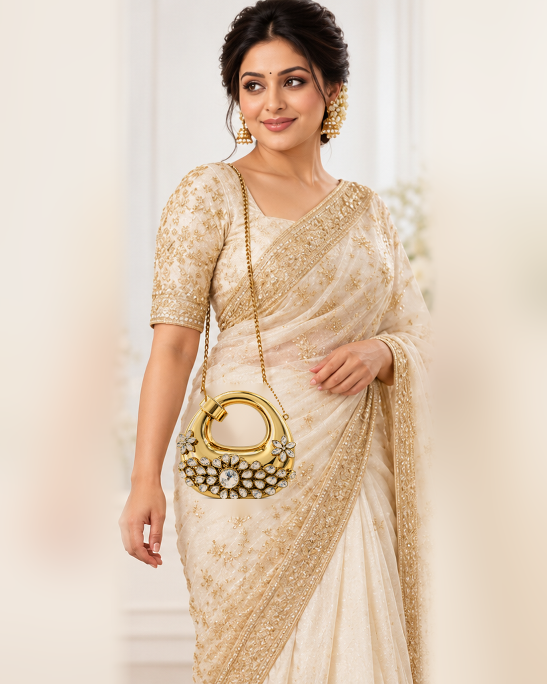 Styled concept showing Swarna Pushp gold oval clutch worn with a chain sling by a model in a cream and gold saree