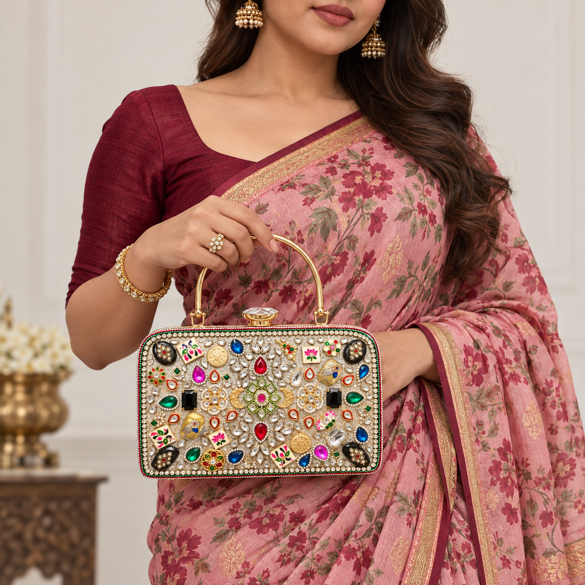 Rang Mahal Handbag | Hand-Embellished Floral & Stone Top-Handle Bag | DEVIQ | HB-1002