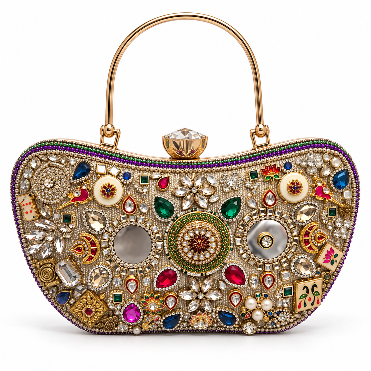 Ratna Mahal Handbag | Hand-Embellished Mirror & Stone Top-Handle Bag | DEVIQ | HB-1001