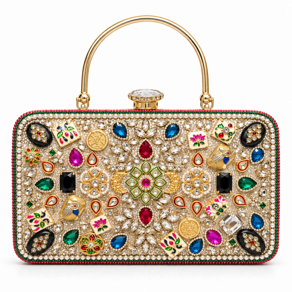 Rang Mahal Handbag | Hand-Embellished Floral & Stone Top-Handle Bag | DEVIQ | HB-1002