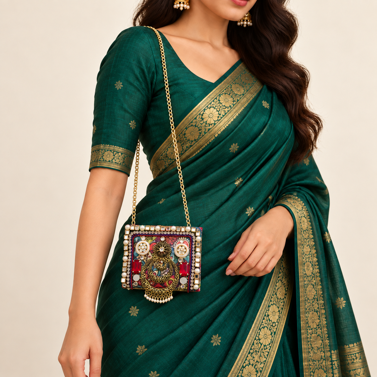 Chandrika Mini Clutch | Crescent & Pearl Hand-Embellished Sling Bag | DEVIQ | MC-1005