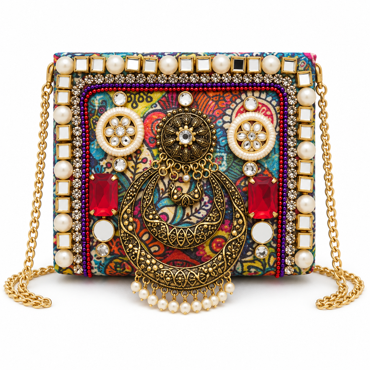 Chandrika Mini Clutch | Crescent & Pearl Hand-Embellished Sling Bag | DEVIQ | MC-1005