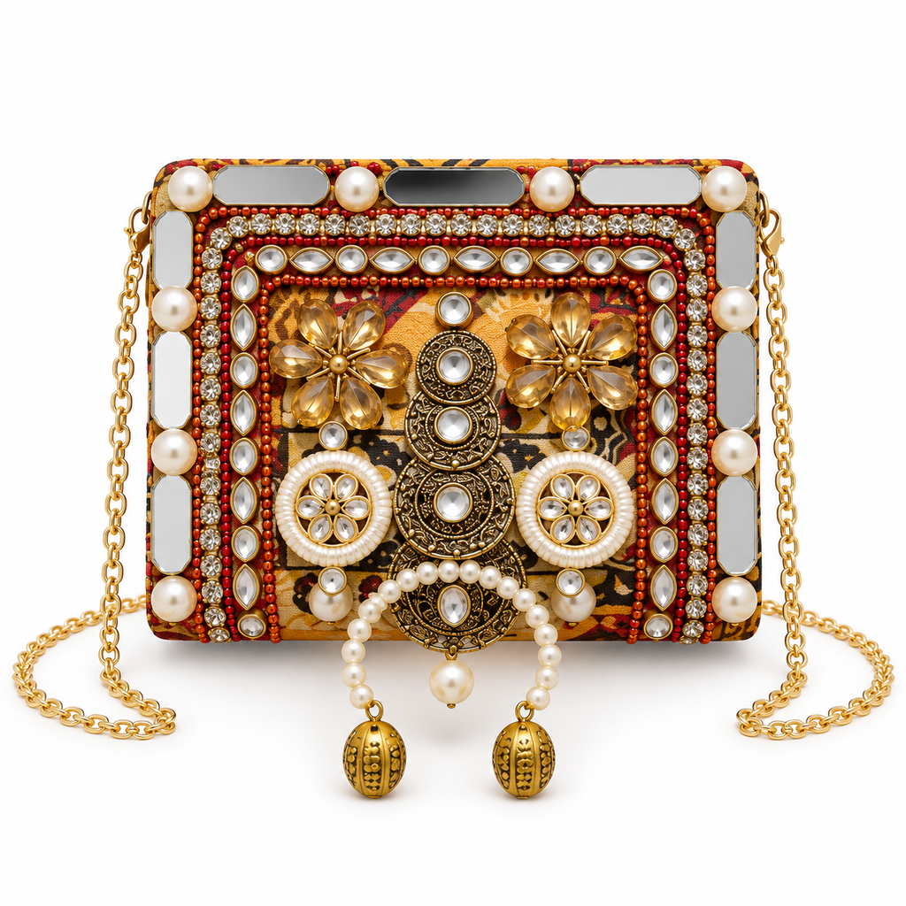 Kanak Phool Mini Clutch | Floral Mirror Hand-Embellished Sling Bag | DEVIQ | MC-1006