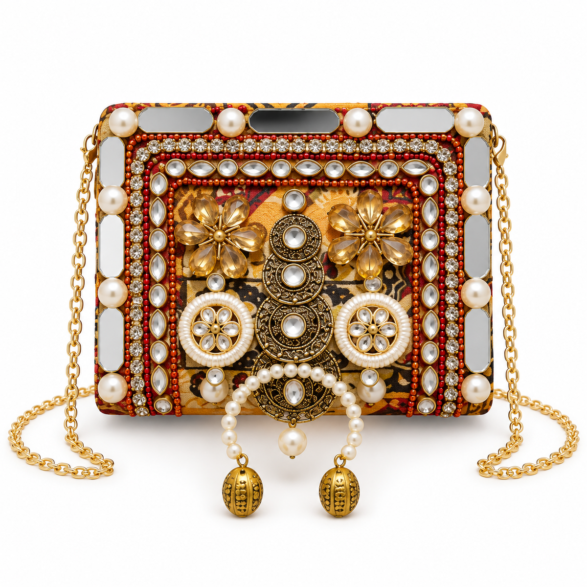 Kanak Phool Mini Clutch | Floral Mirror Hand-Embellished Sling Bag | DEVIQ | MC-1006