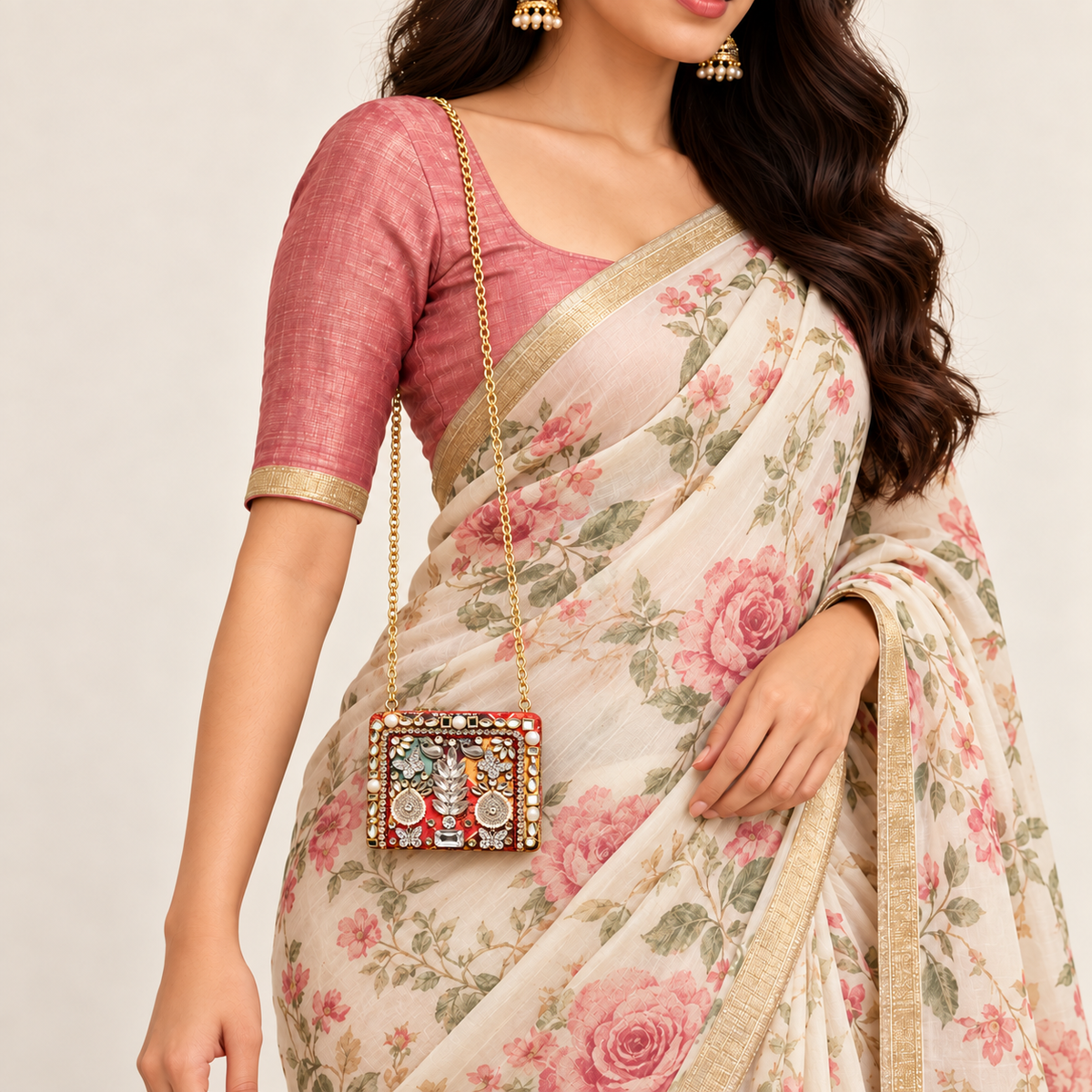 Mayur Bagh Mini Clutch | Peacock & Butterfly Hand-Embellished Sling Bag | DEVIQ | MC-1007