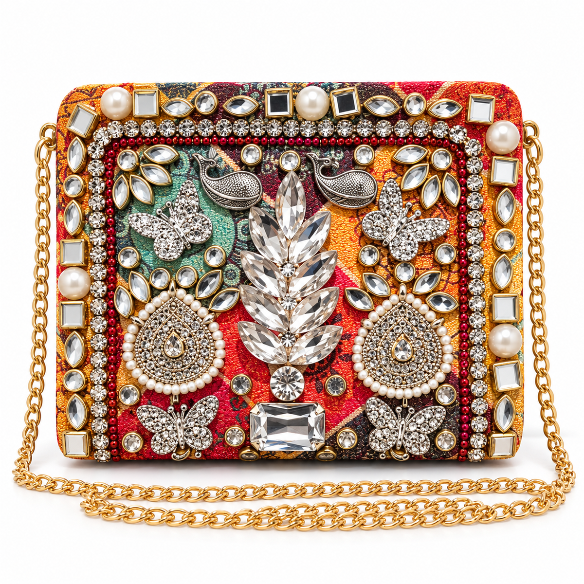 Mayur Bagh Mini Clutch | Peacock & Butterfly Hand-Embellished Sling Bag | DEVIQ | MC-1007