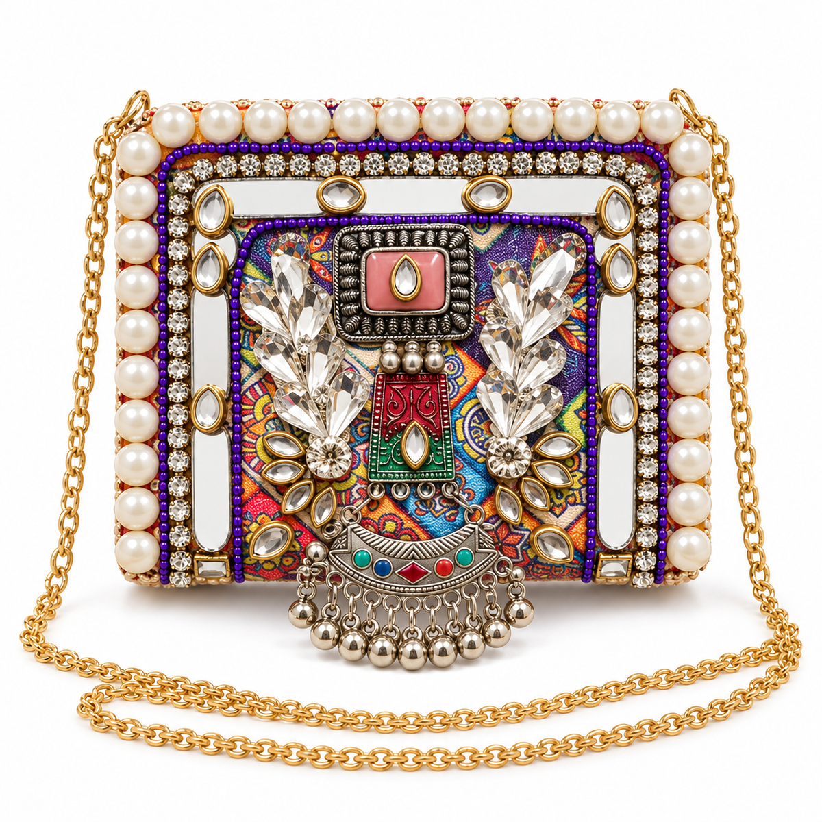 Rangrez Mini Clutch | Hand-Embellished Mirror & Pearl-Style Sling Bag | DEVIQ | MC-1008