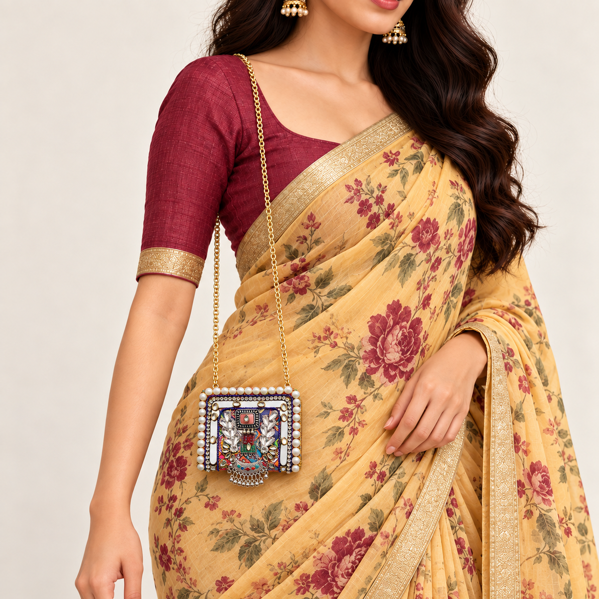 Rangrez Mini Clutch | Hand-Embellished Mirror & Pearl-Style Sling Bag | DEVIQ | MC-1008