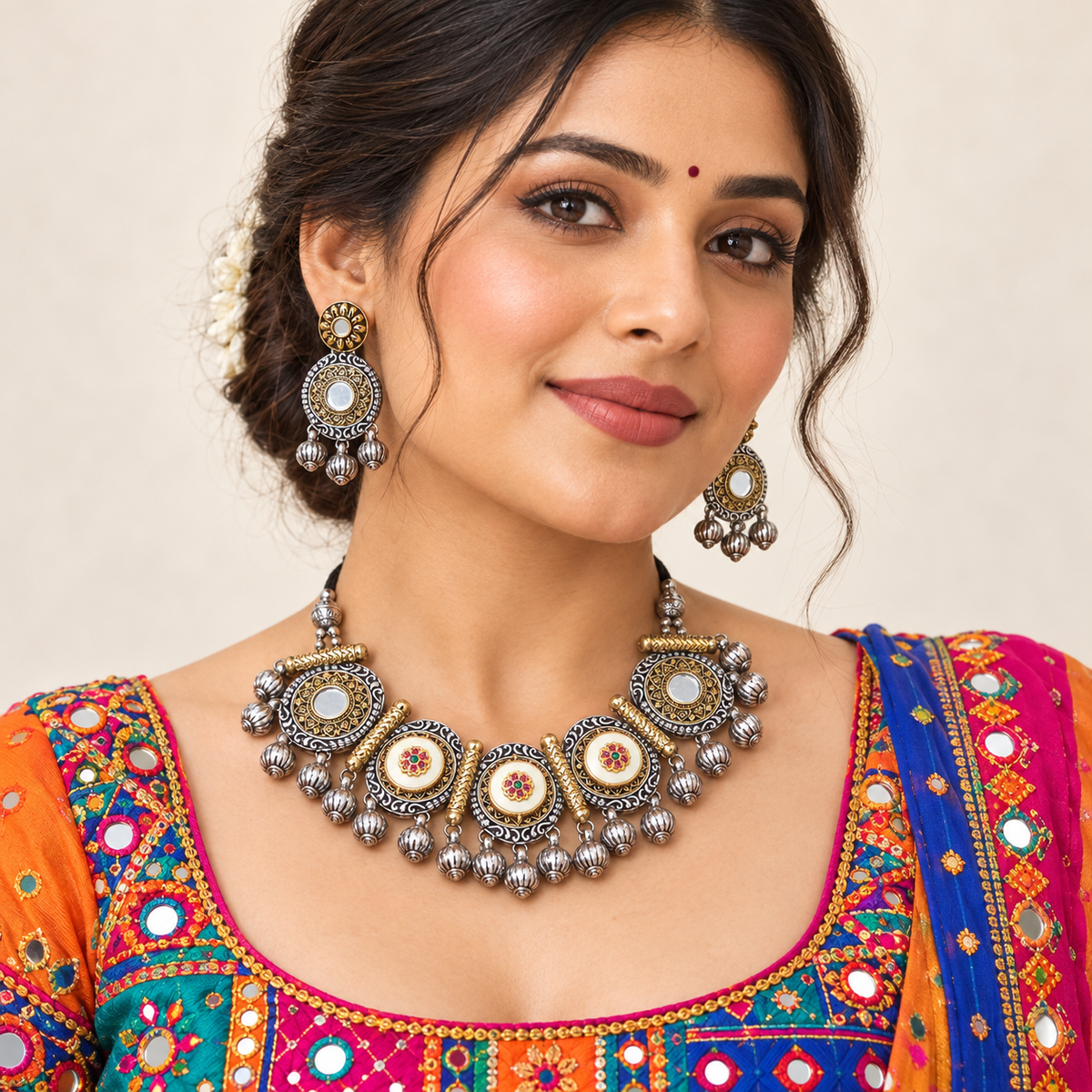 Ada | Dual-Tone Handcrafted Necklace & Earrings Set | DEVIQ | JS-1002