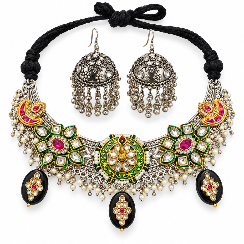 Rangrez | Multicolour Handcrafted Choker & Jhumka Set | DEVIQ | JS-1003
