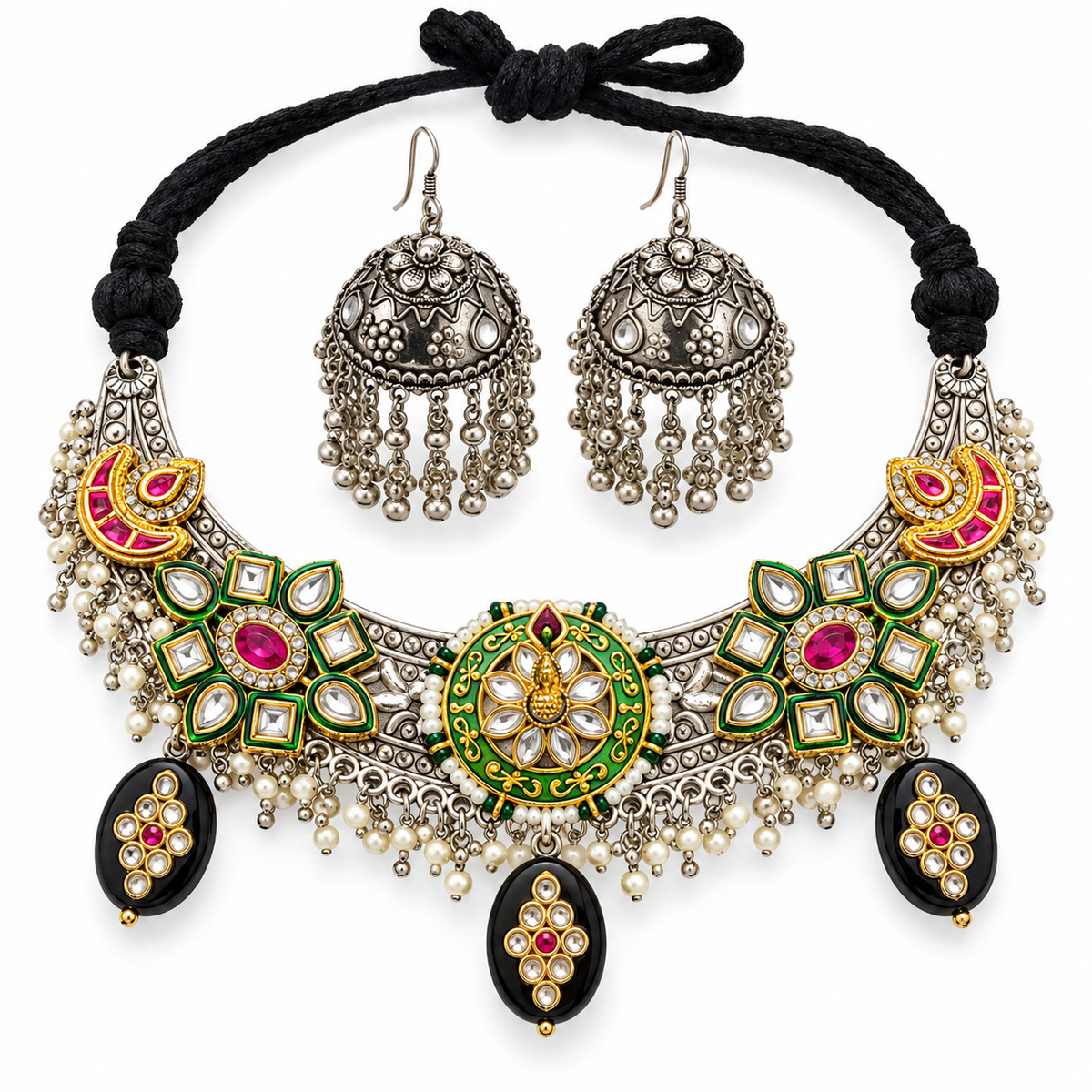 Rangrez | Multicolour Handcrafted Choker & Jhumka Set | DEVIQ | JS-1003