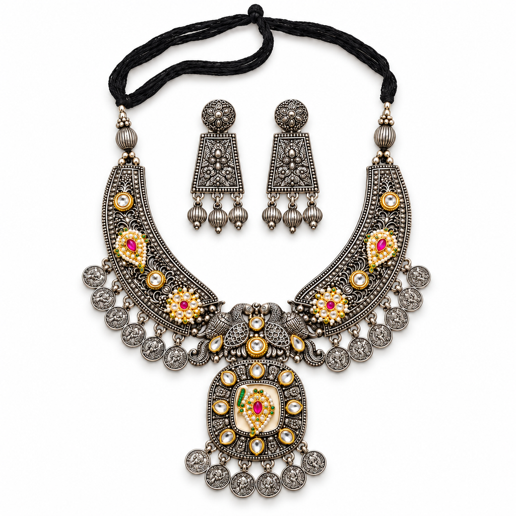Riwayat | Handcrafted Silver-Tone Pendant Necklace & Earrings Set | DEVIQ | JS-1004