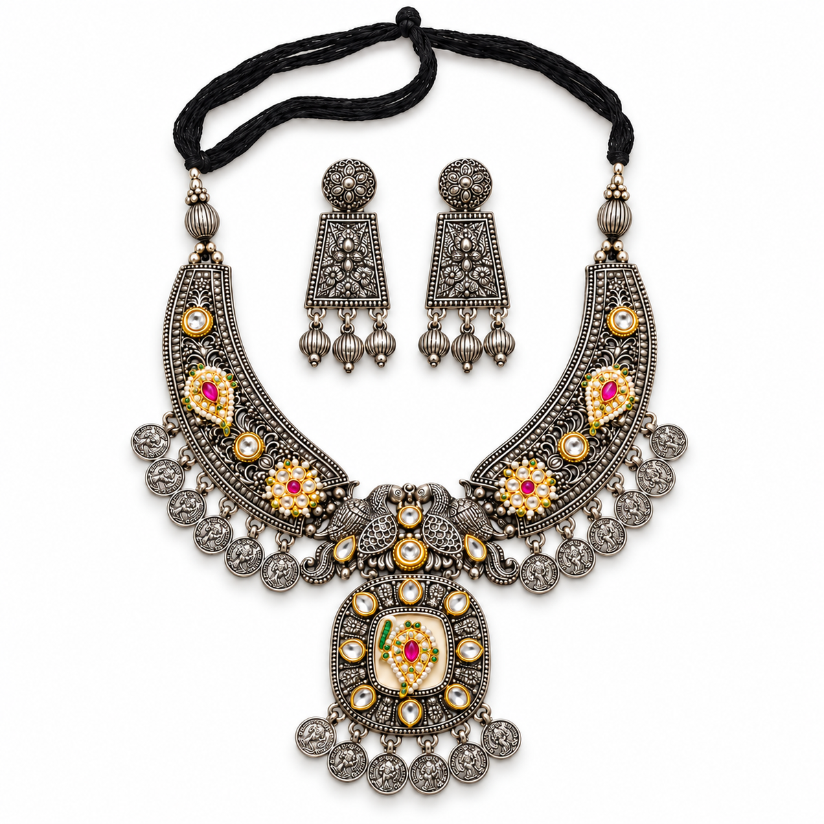 Riwayat | Handcrafted Silver-Tone Pendant Necklace & Earrings Set | DEVIQ | JS-1004