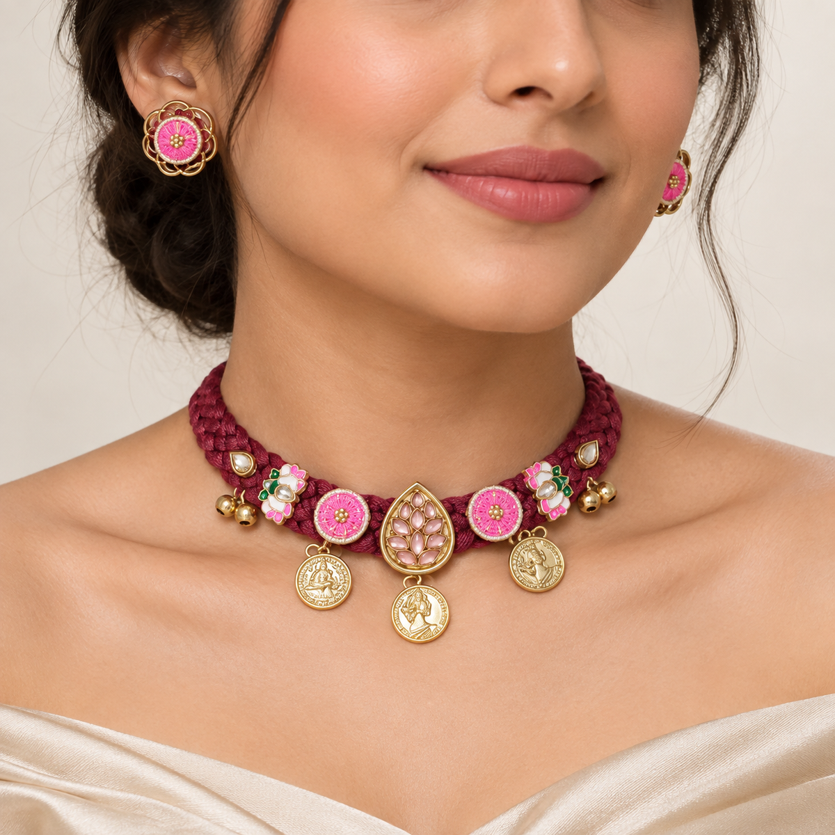 Afreen | Maroon Handcrafted Choker & Stud Earrings Set | DEVIQ | JS-1009