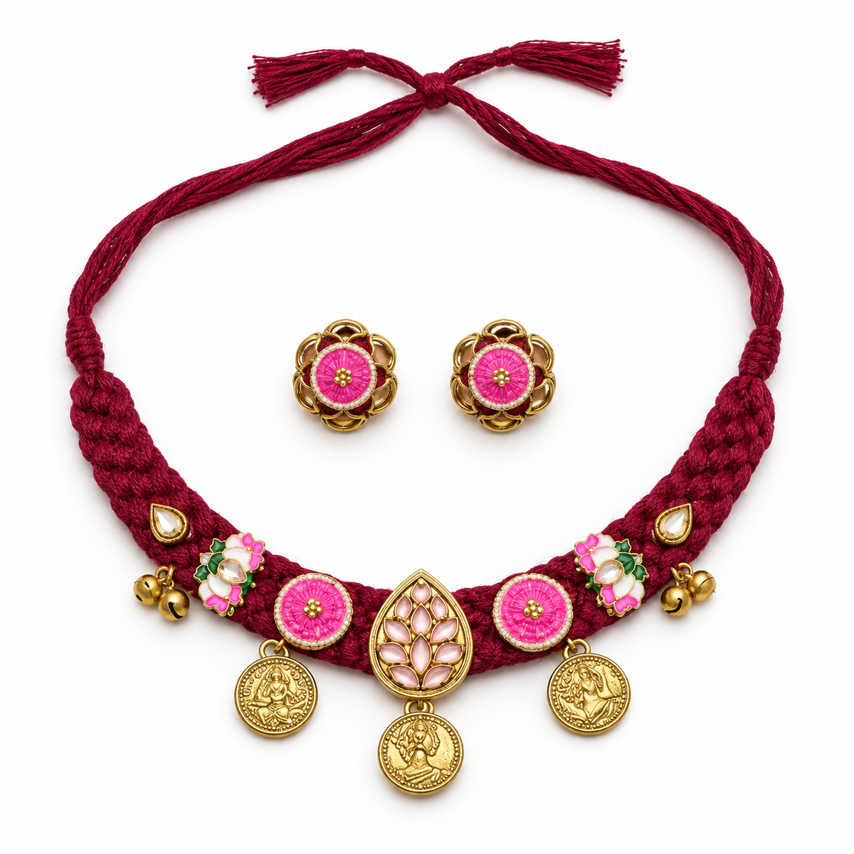 Afreen | Maroon Handcrafted Choker & Stud Earrings Set | DEVIQ | JS-1009