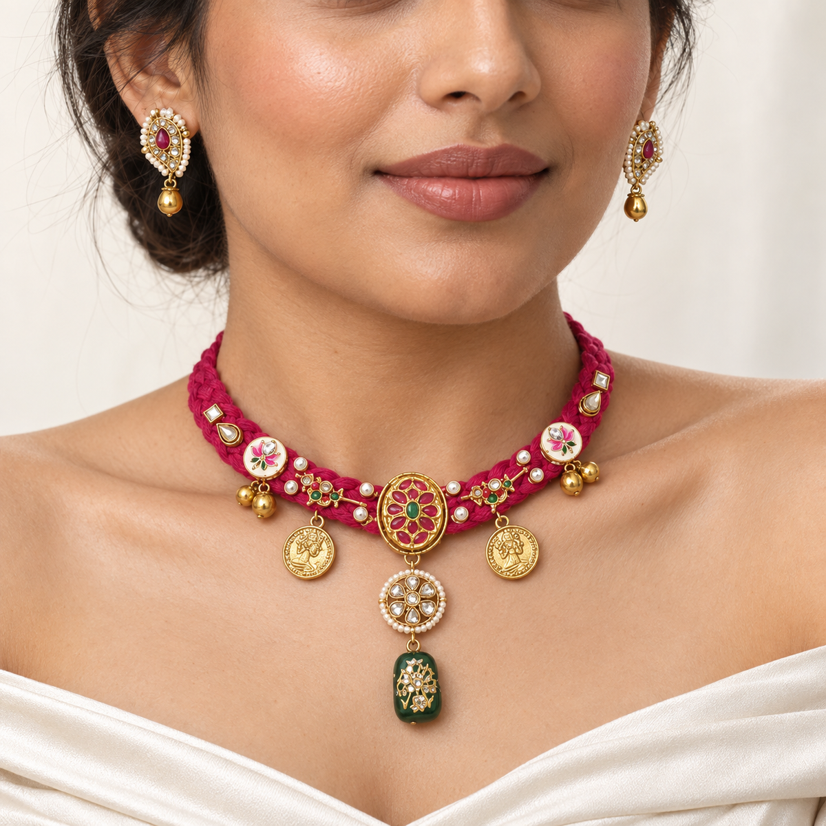 Bahaar | Pink Handcrafted Choker & Earrings Set | DEVIQ | JS-1010