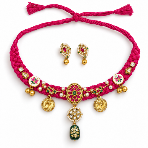 Bahaar | Pink Handcrafted Choker & Earrings Set | DEVIQ | JS-1010