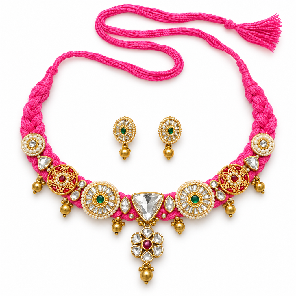 Noor | Pink Handcrafted Choker & Earrings Set | DEVIQ | JS-1011