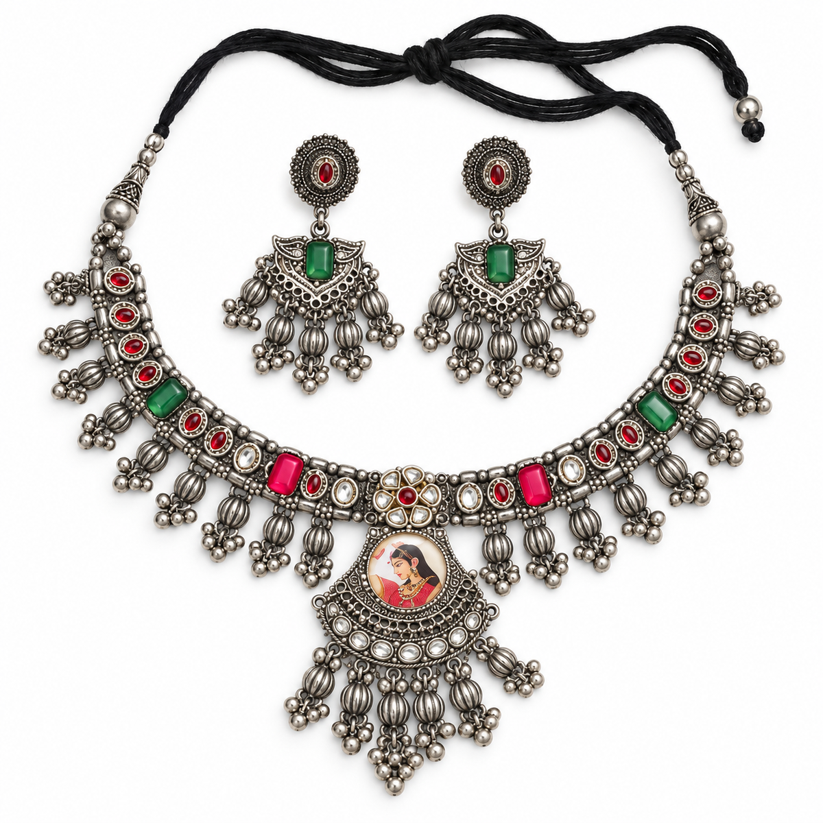 Tasveer | Handcrafted Silver-Tone Portrait Necklace & Earrings Set | DEVIQ | JS-1012
