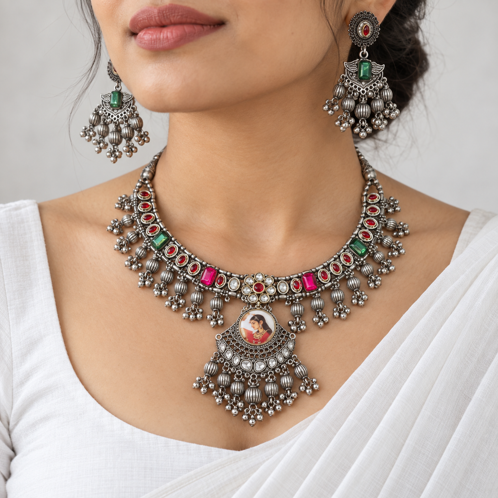 Tasveer | Handcrafted Silver-Tone Portrait Necklace & Earrings Set | DEVIQ | JS-1012