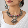 Tasveer | Handcrafted Silver-Tone Portrait Necklace & Earrings Set | DEVIQ | JS-1012