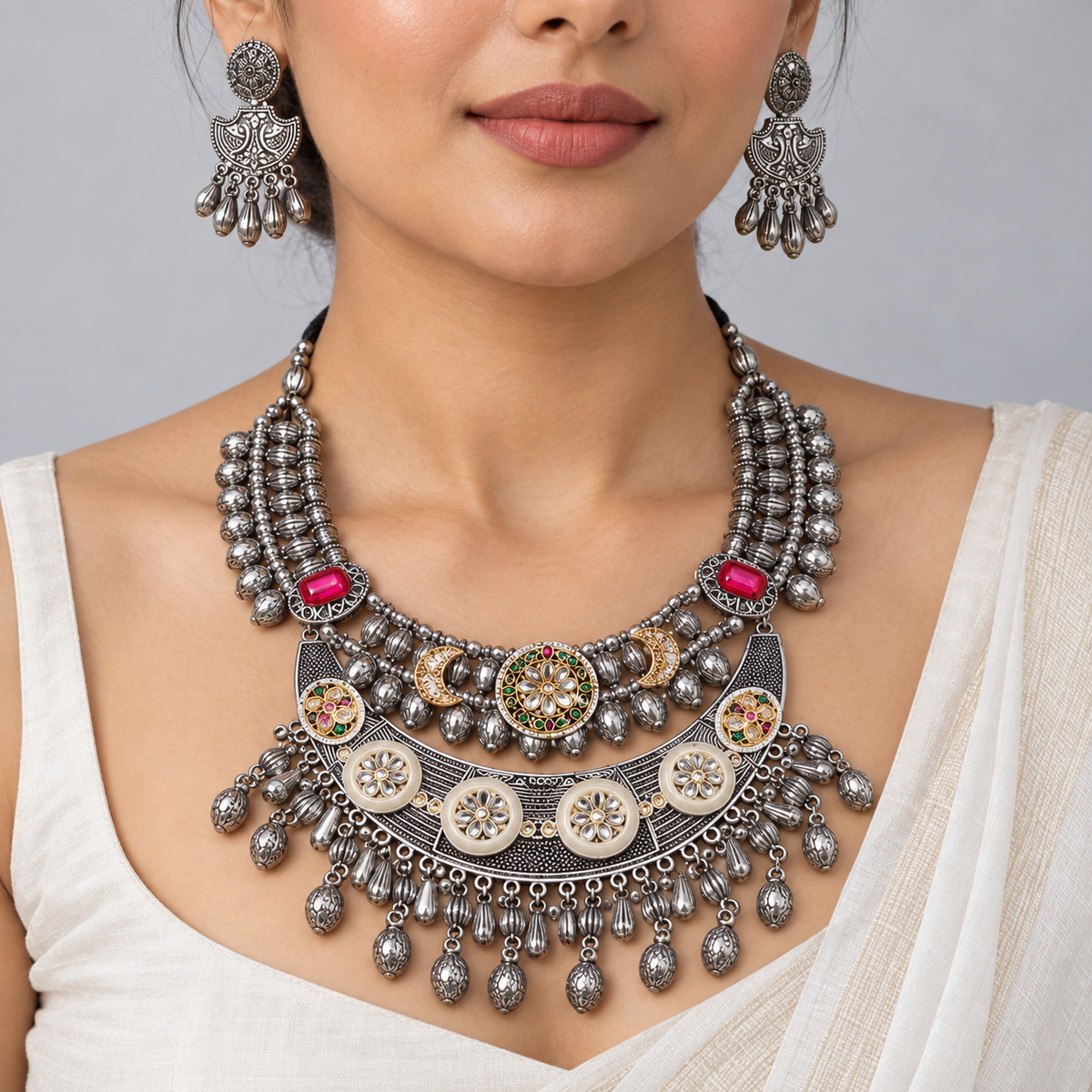 Jashn | Dual-Tone Handcrafted Statement Necklace & Earrings Set | DEVIQ | JS-1013