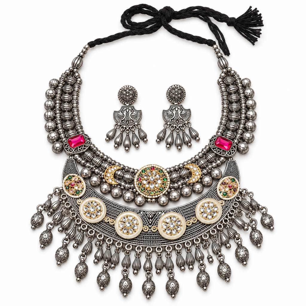 Jashn | Dual-Tone Handcrafted Statement Necklace & Earrings Set | DEVIQ | JS-1013