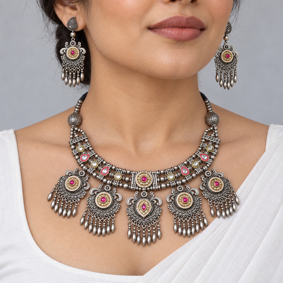 Silsila | Dual-Tone Handcrafted Necklace & Earrings Set | DEVIQ | JS-1014