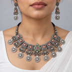 Naqsh | Silver-Tone Necklace & Earrings Set | DEVIQ | JS-1015