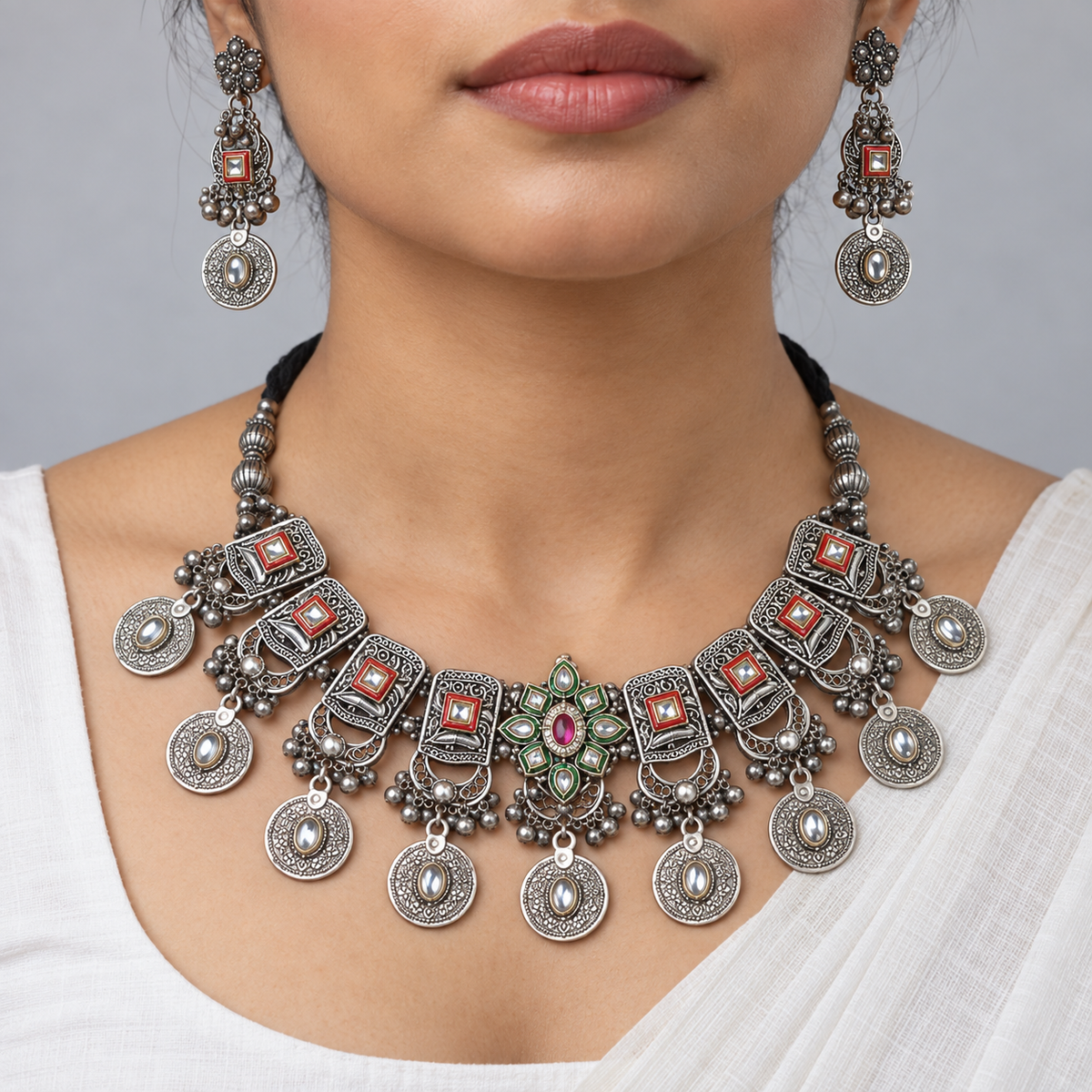 Naqsh | Silver-Tone Necklace & Earrings Set | DEVIQ | JS-1015