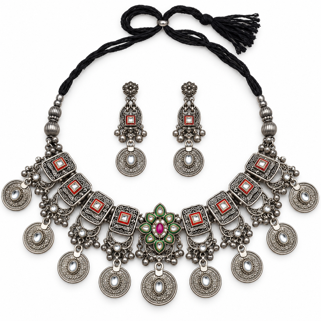 Naqsh | Silver-Tone Necklace & Earrings Set | DEVIQ | JS-1015