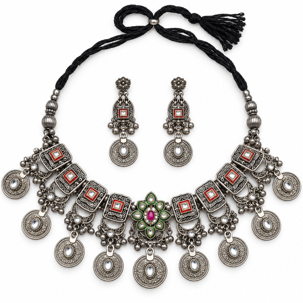 Naqsh | Silver-Tone Necklace & Earrings Set | DEVIQ | JS-1015