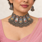 Aaina | Handcrafted Dual-Tone Statement Necklace & Earrings Set | DEVIQ | JS-1016