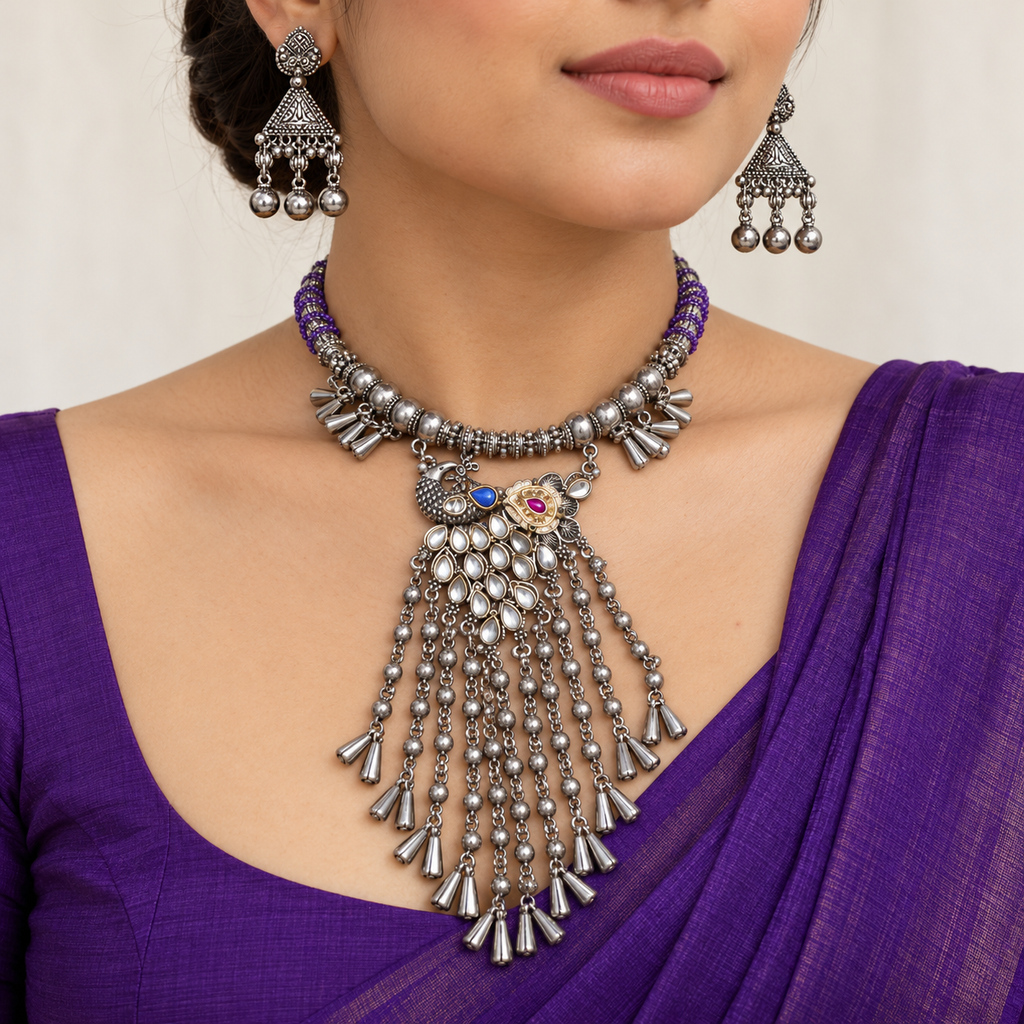 Pariza | Handcrafted Purple Peacock Necklace & Earrings Set | DEVIQ | JS-1017