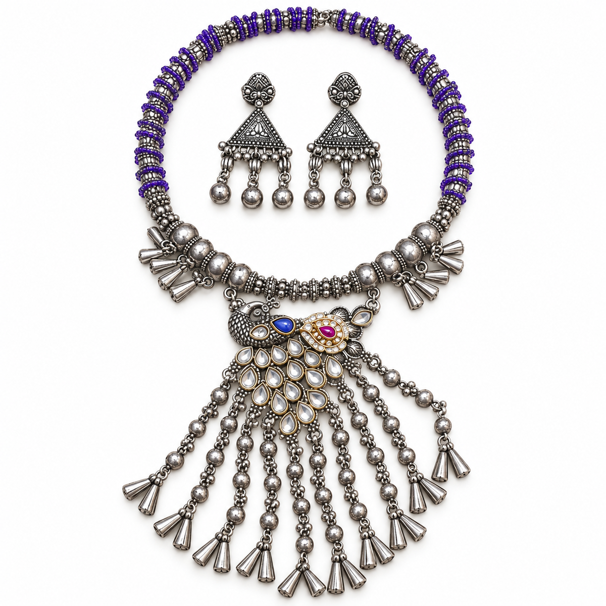 Pariza | Handcrafted Purple Peacock Necklace & Earrings Set | DEVIQ | JS-1017