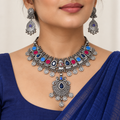 Sahar | Handcrafted Blue & Pink Silver-Tone Necklace Set | DEVIQ | JS-1018